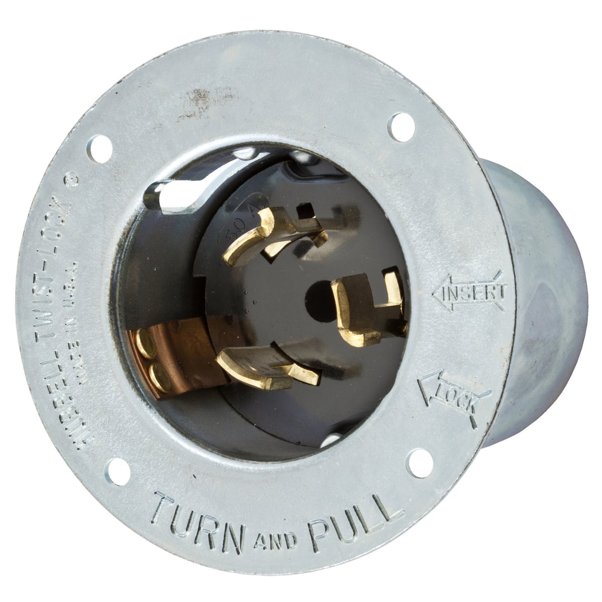 Locking Devices, Twist-Lock, Industrial, Flanged Inlet, 50A, 125V/250V AC, 3-Pole 4-Wire Grounding, Non-NEMA, Screw Terminal, Steel