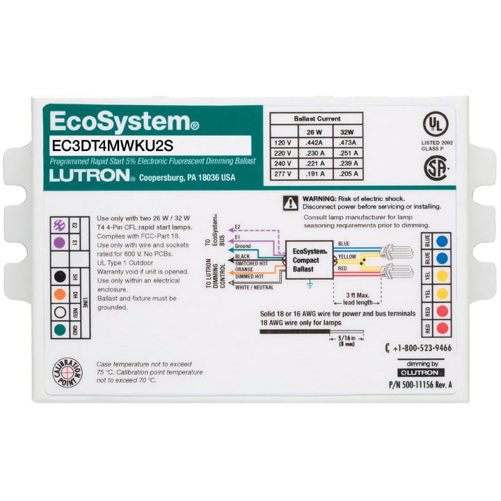 EcoSystem 5 percent 3-Wire and EcoSystem Digital Link Controlled T4 Compact, 2 lamps, ballast factor of 0.95, K-can, studded, 18W