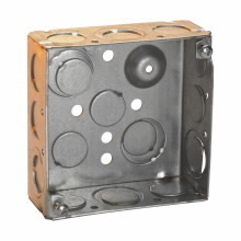Eaton Crouse-Hinds series Square Outlet Box, (2) 1/2", (2) 1/2", (1) 3/4" E, 4", Conduit (no clamps), Welded, 2-1/8", Steel, (8) 1/2",(4) 1/2", (1) 3/4" E, Ground screw installed, 30.3 cubic inch capacity