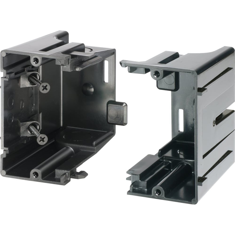Gangable plastic box 2-gang. Screw on for retrofit or new construction.