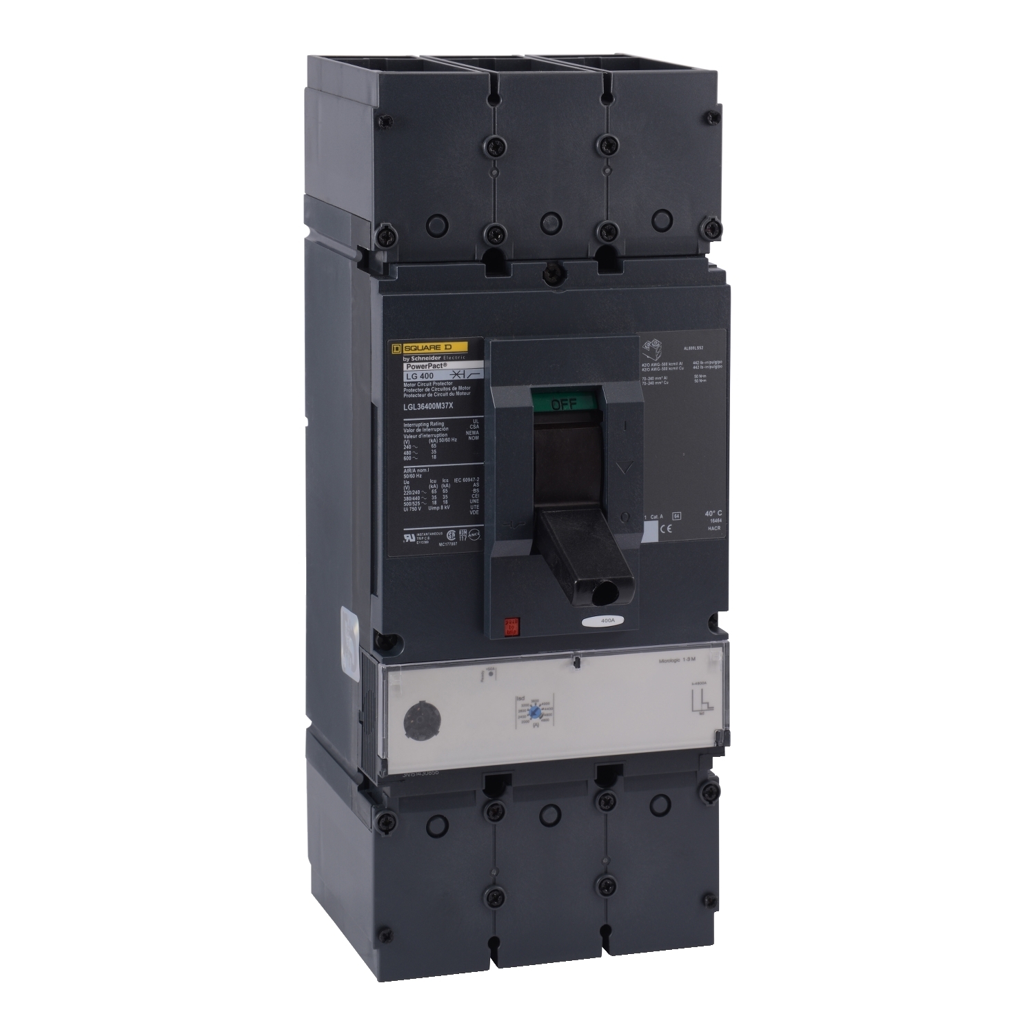 Circuit breaker, PowerPacT L, 600A, 3 pole, 500VDC, 20kA, lugs, thermal magnetic, 80%