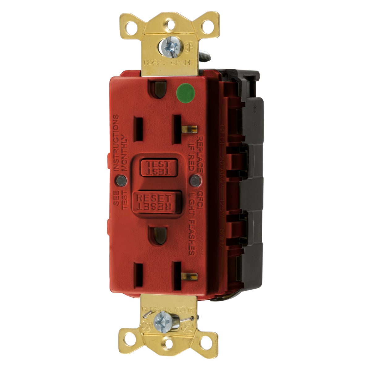 Straight Blade Devices, Receptacle, GFCI, SnapConnect, Commercial Hospital Grade, Self Test, 20A 125V, 2-Pole 3- Wire Grounding, 5-20R, Red.