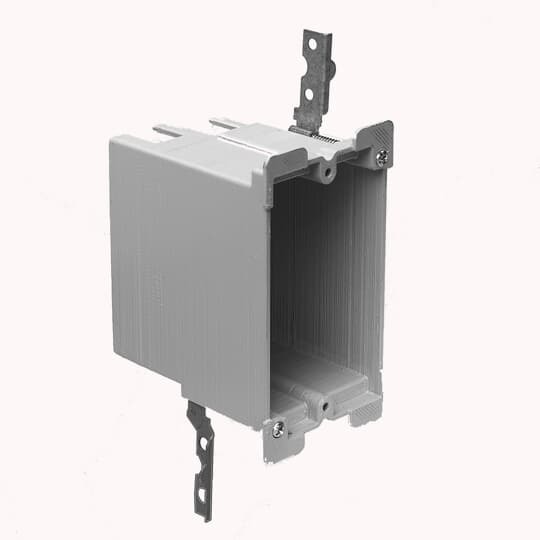 One-Gang Old Work Outlet Box, Volume 16 Cubic Inches, Length 3-1/2 Inches, Width 2-1/4 Inches, Depth 2-11/16 Inches, Color Blue, Material PVC, Mounting Means Thermoplastic Molded Ears #4 Swing Brackets, with V-Clamp