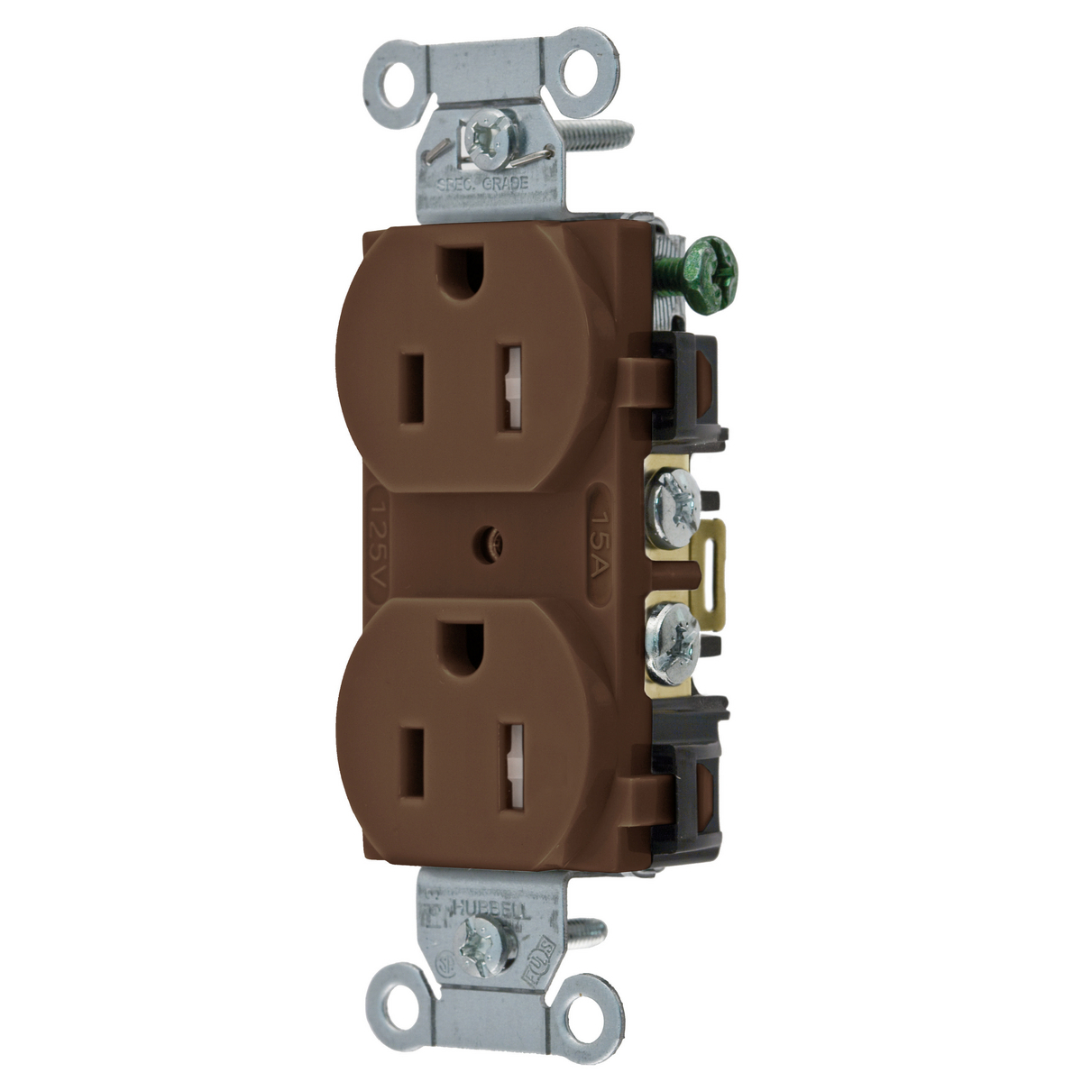 Straight Blade Devices, Receptacles, Tamper-Resistant Duplex, Commercial/Industrial Grade, 2-Pole 3-Wire Grounding, 15A 125V, 5-15R, Brown, Single Pack.
