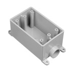 Single Gang FS Box, Volume 18 Cubic Inches, Length 4.54 Inches, Width 2.80 Inches, Depth 2.30 Inches, Conduit Size 1/2 Inch, Material PVC, Color Gray