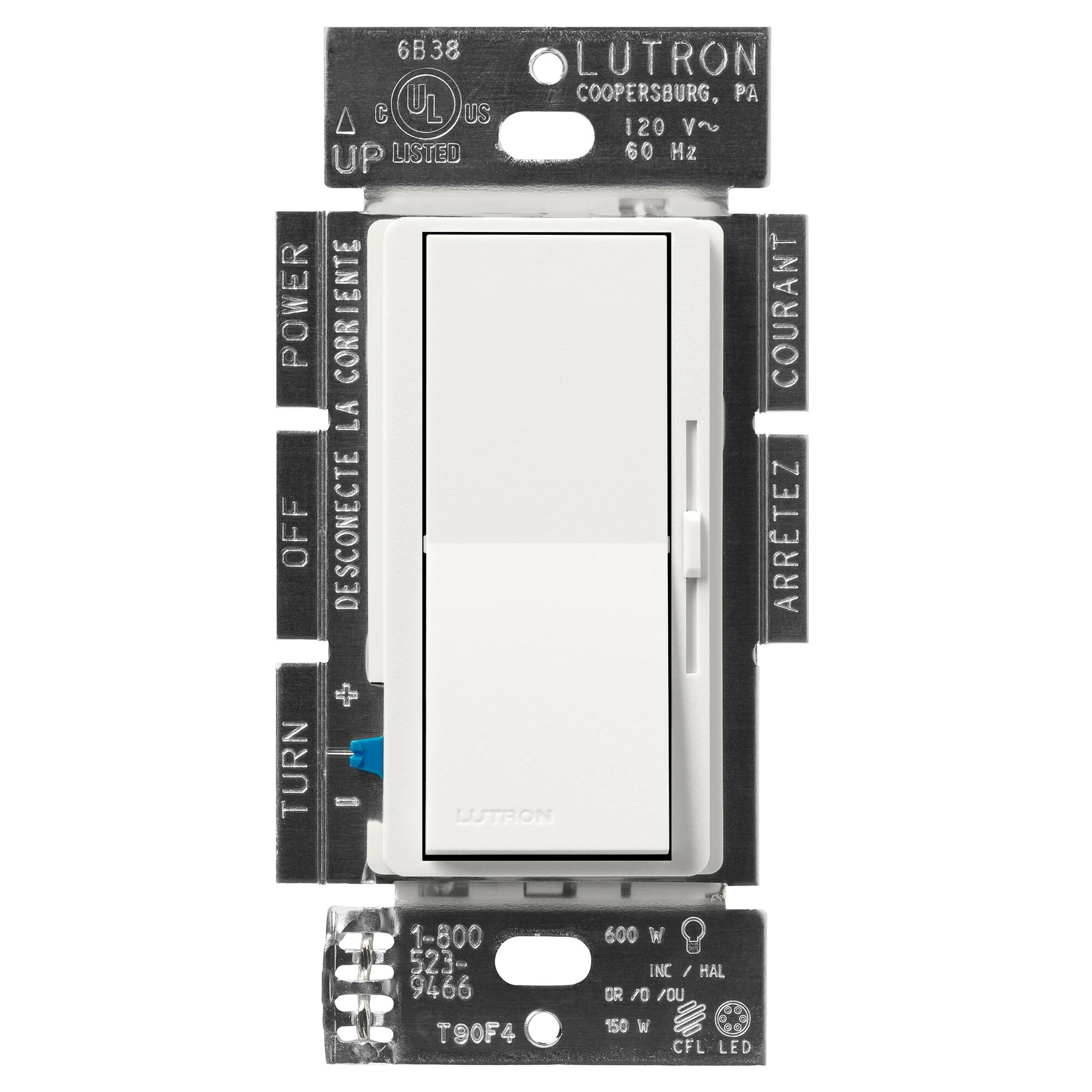 Diva LED+ Dimmer - Satin Finish, LED, Incandescent/Halogen, 3-way/single-pole, 150W LED or 600W inc/hal, architectural white