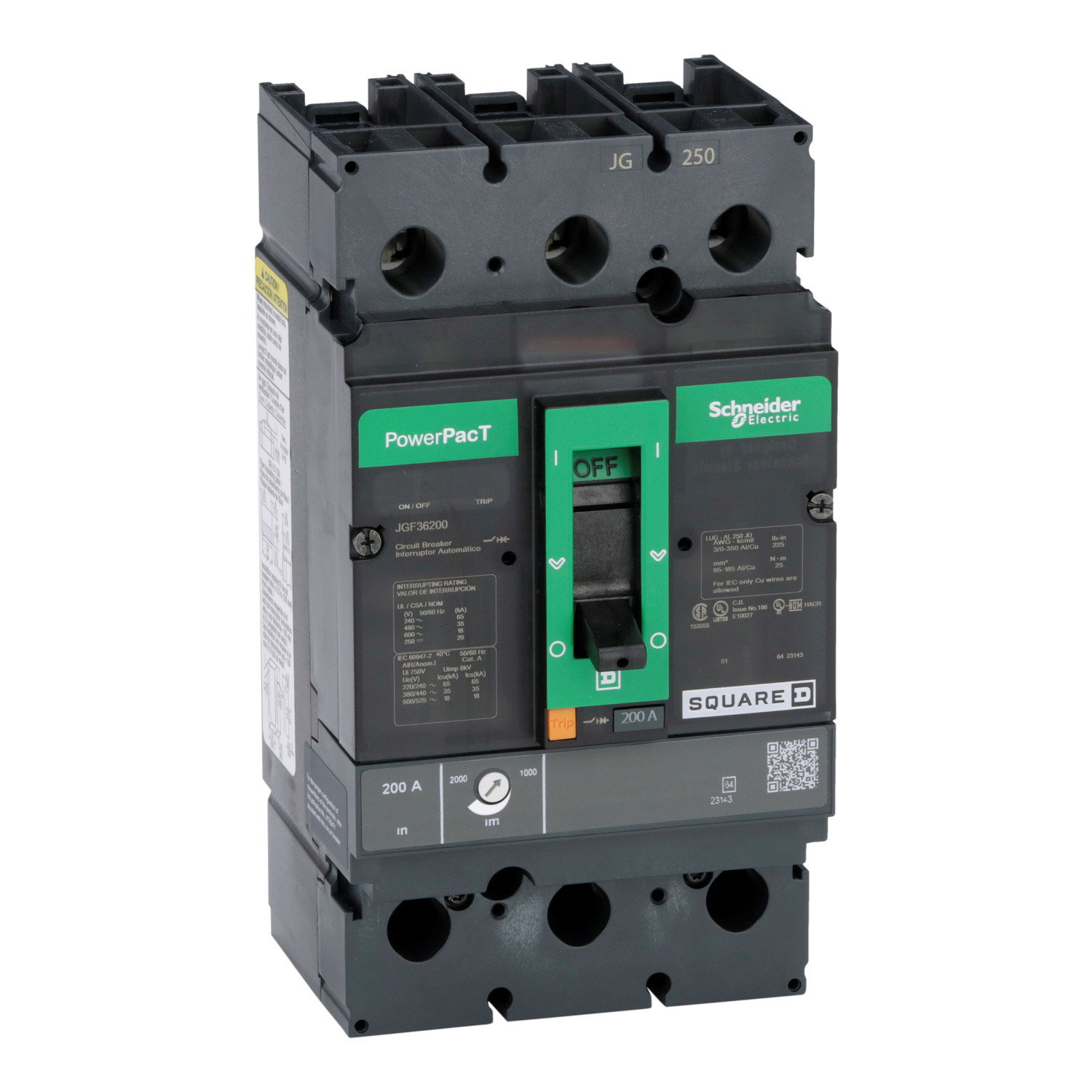 Circuit breaker, PowerPacT J, 200A, 3 pole, 600VAC, 18kA, busbar, thermal magnetic, 80%