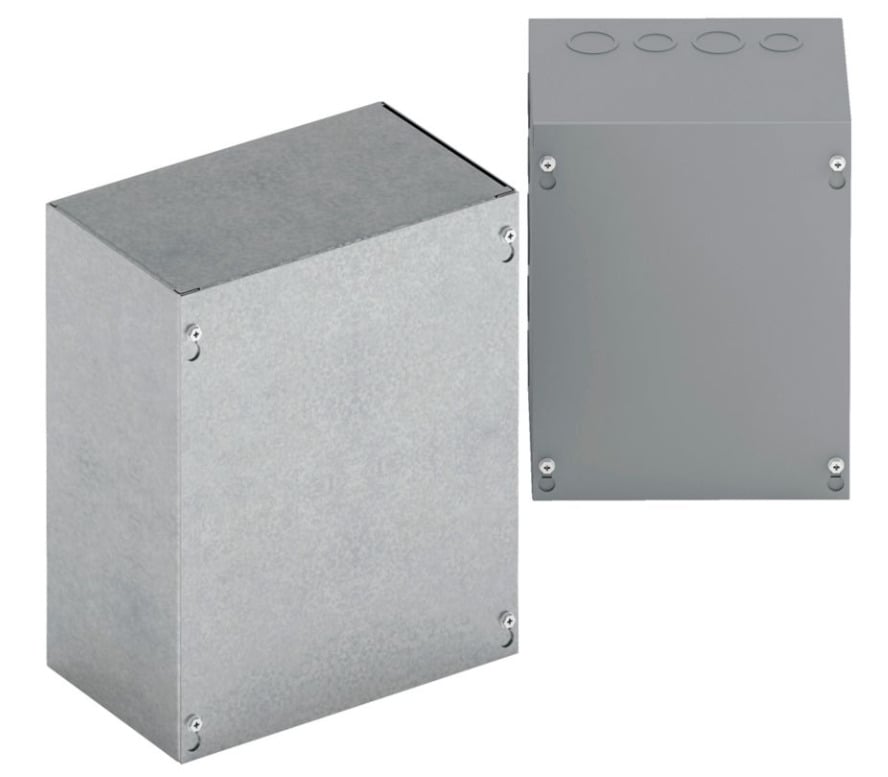 Type 1 junction boxes, 8" height, 4" length, 6" width, NEMA 1, Screw cover, SC enclosure, Surface mounted, Small single door, 4 side knockouts,3 top-bottom knockouts, Thru holes, Carbon steel