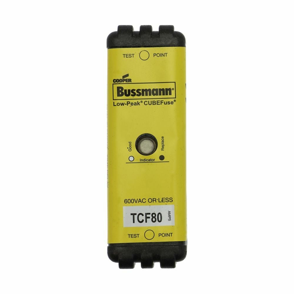 Eaton Bussmann series TCF fuse, 17.5 A, 60 Hz, 50 Hz, Dual, CF, Black, With Indicator, Blade end, Time delay, 10 sec at 500%, 300 kAIC at 600 V,100 kAIC at 300 Vdc, Glass filled PES, 35 mm DIN rail,Chassis, 600 V, 300 Vdc