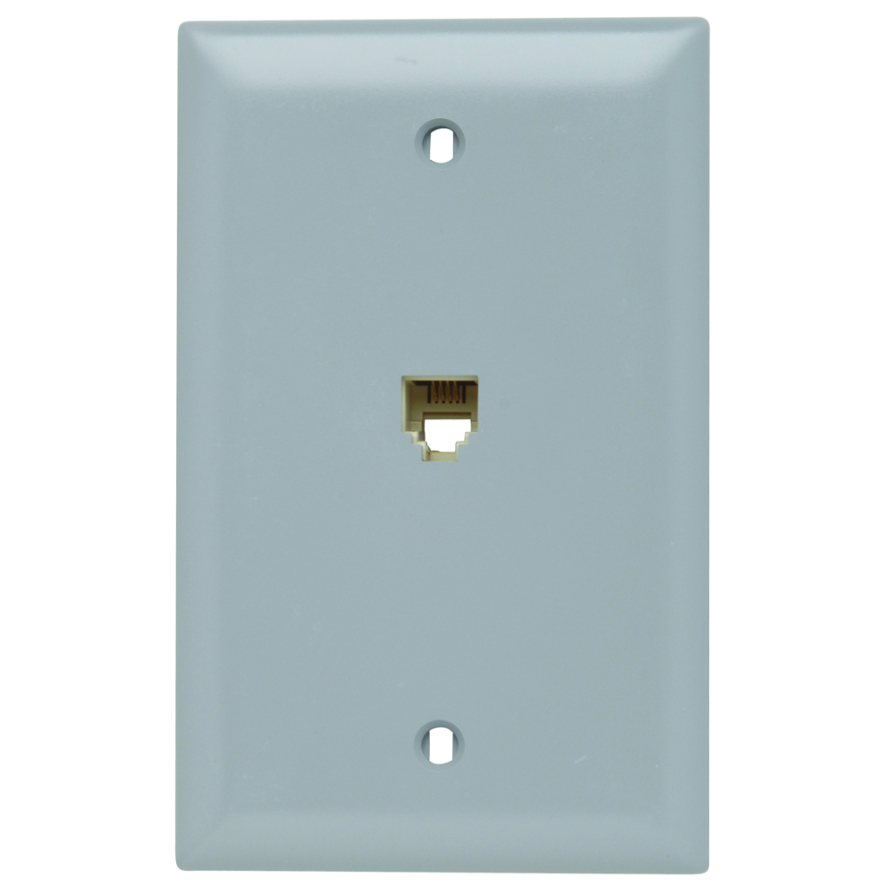 Single gang opening modular four conductor telephone jack with wall plate. Grey.