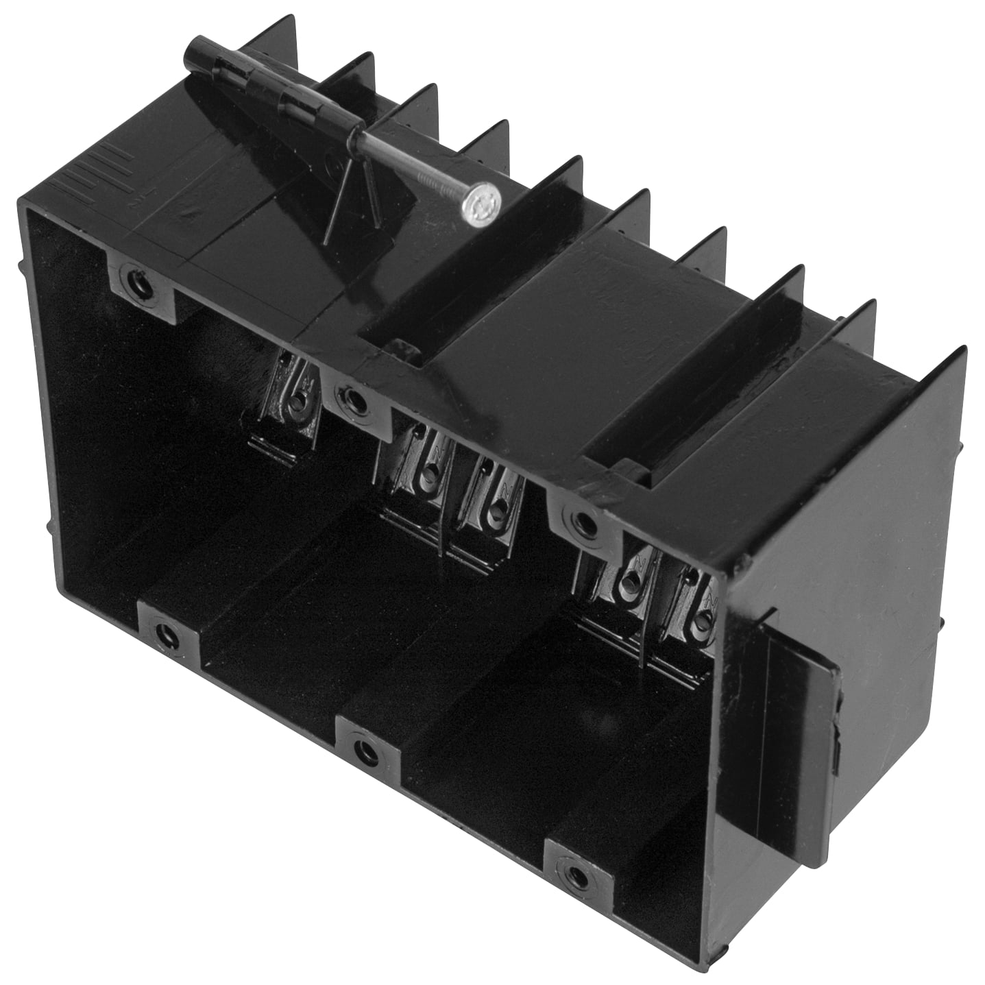 Three-Gang New Work Nail-On Outlet Box, Volume 45 Cubic Inches, Length 3-3/4 Inches, Width 5-13/16 Inches, Depth 2-3/4 Inches, Color Black, Material Polycarbonate, Mounting Means Angled Side Nails and Steel Side Brackets