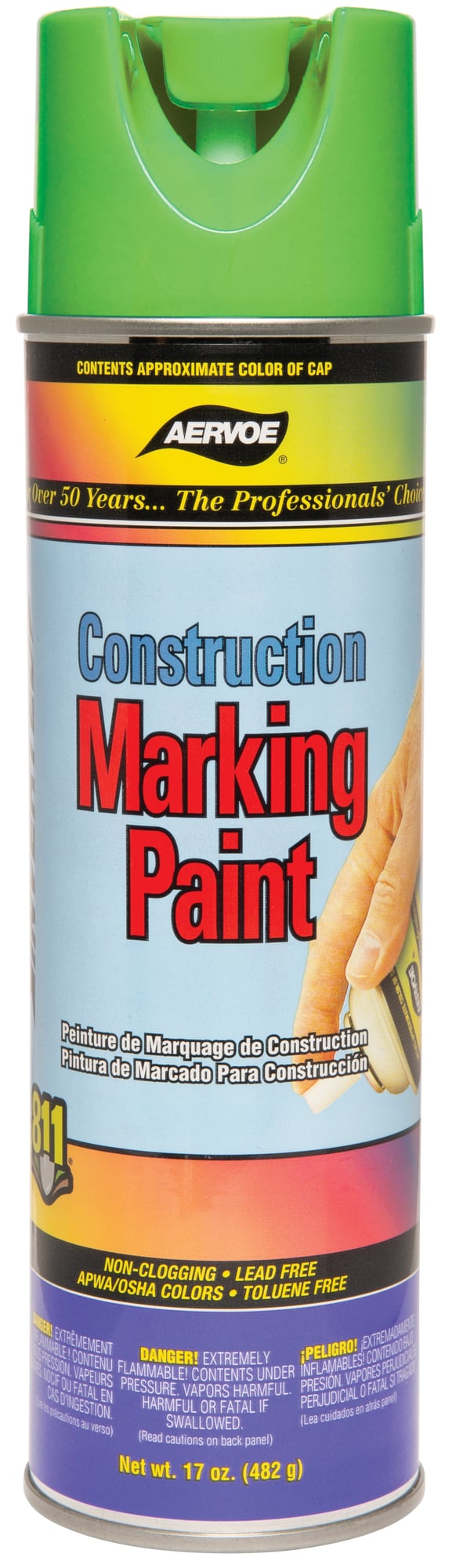 Fluorescent green construction marking paint, 20 oz inverted aerosol can, Flammable, 30 minute dry time