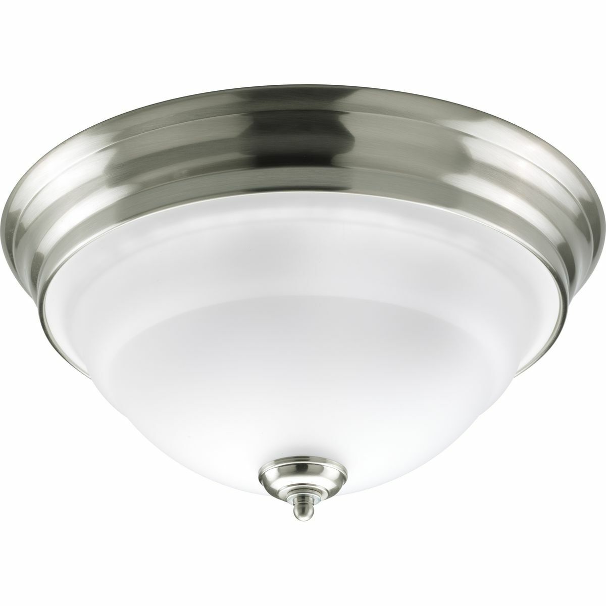 Two-light close-to-ceiling fixture with an etched white oversized, bell-shaped glass bowl. Brushed Nickel finish.