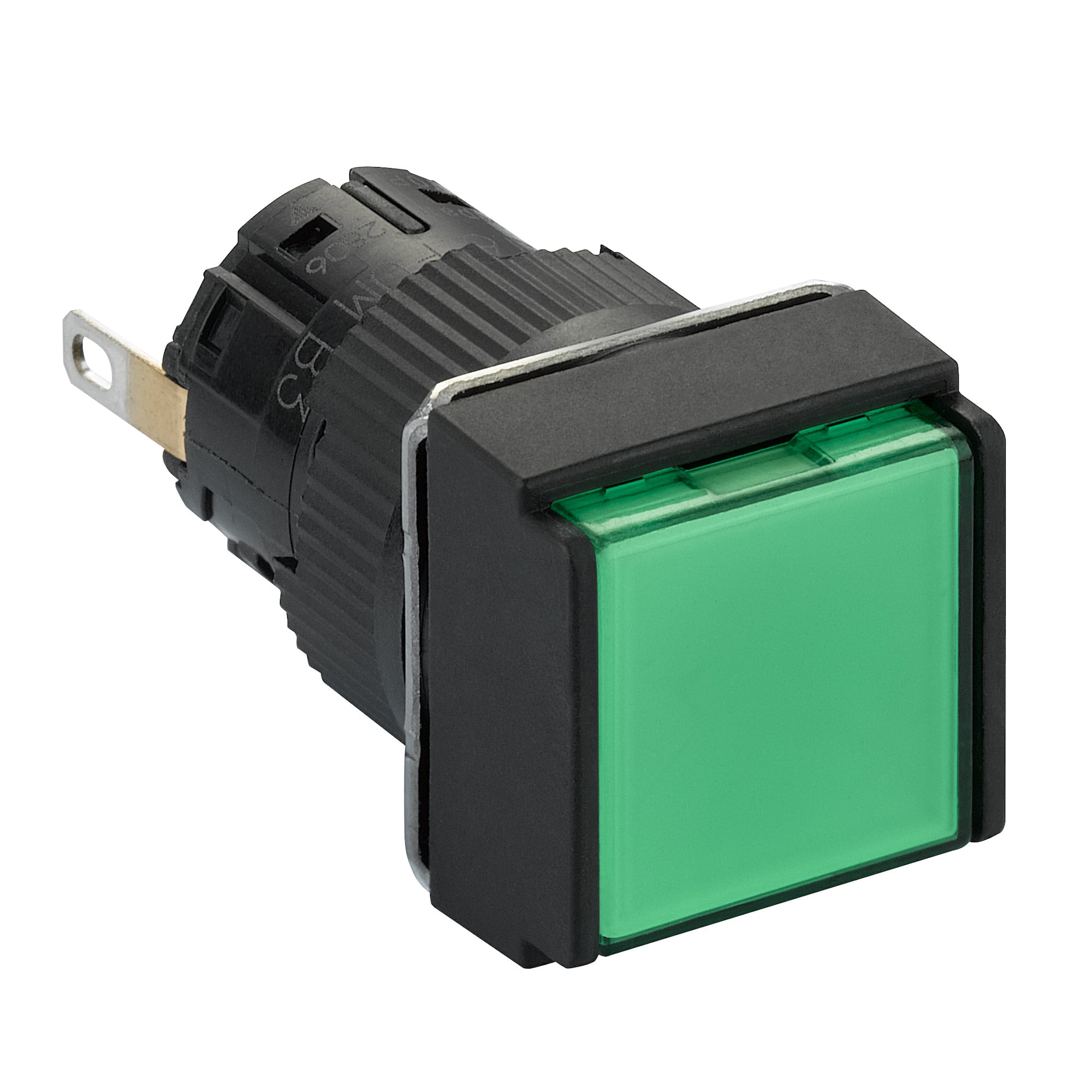 Monolithic pilot light, Harmony XB6E, square  16, IP65, green, integral LED 24VDCpolarised, connector
