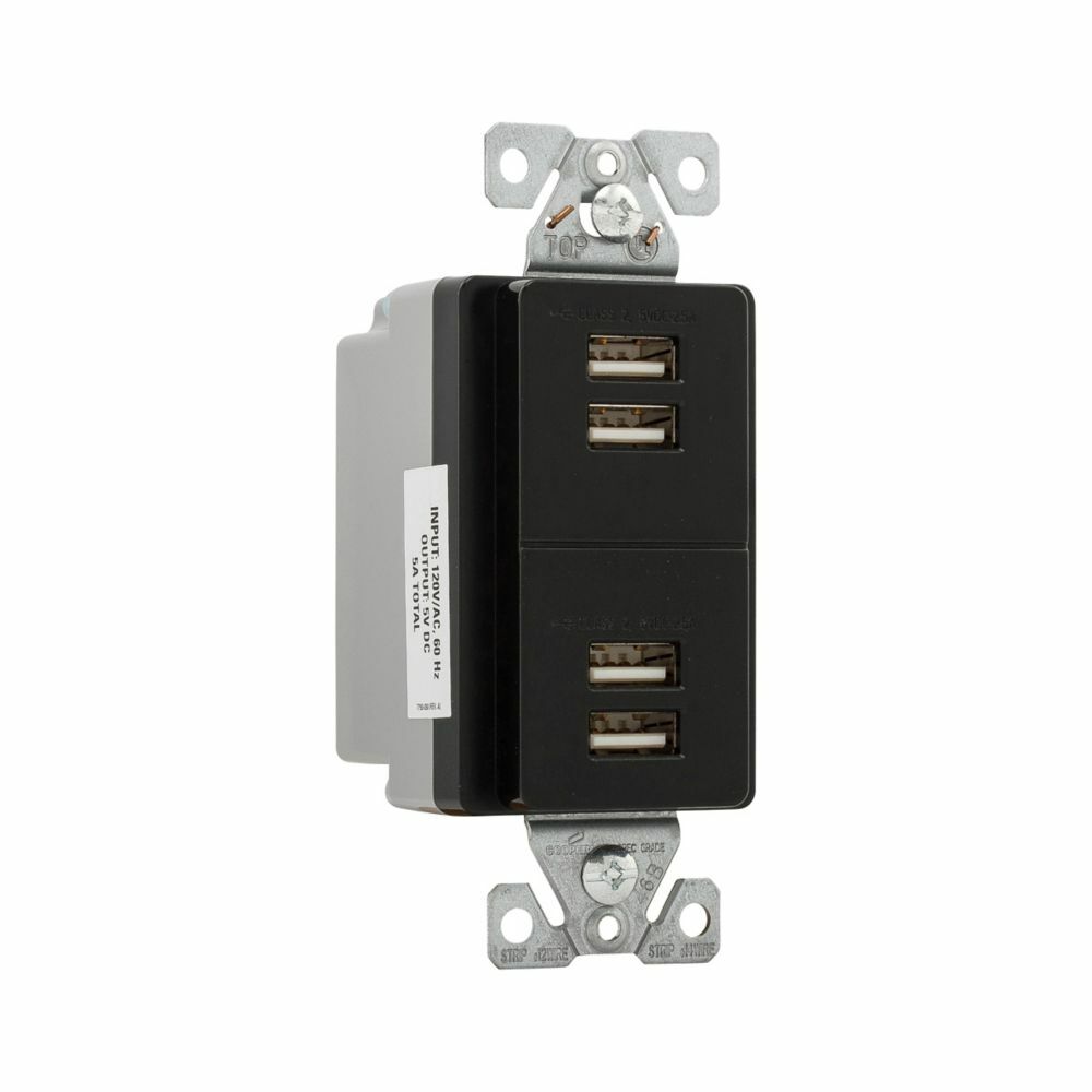 Eaton USB multiport charging station, Corrosion resistant, 5A, Flush mount, 5V, Wire leads, Black, Two-pole, three-wire, grounding, Decorator, Thermoplastic