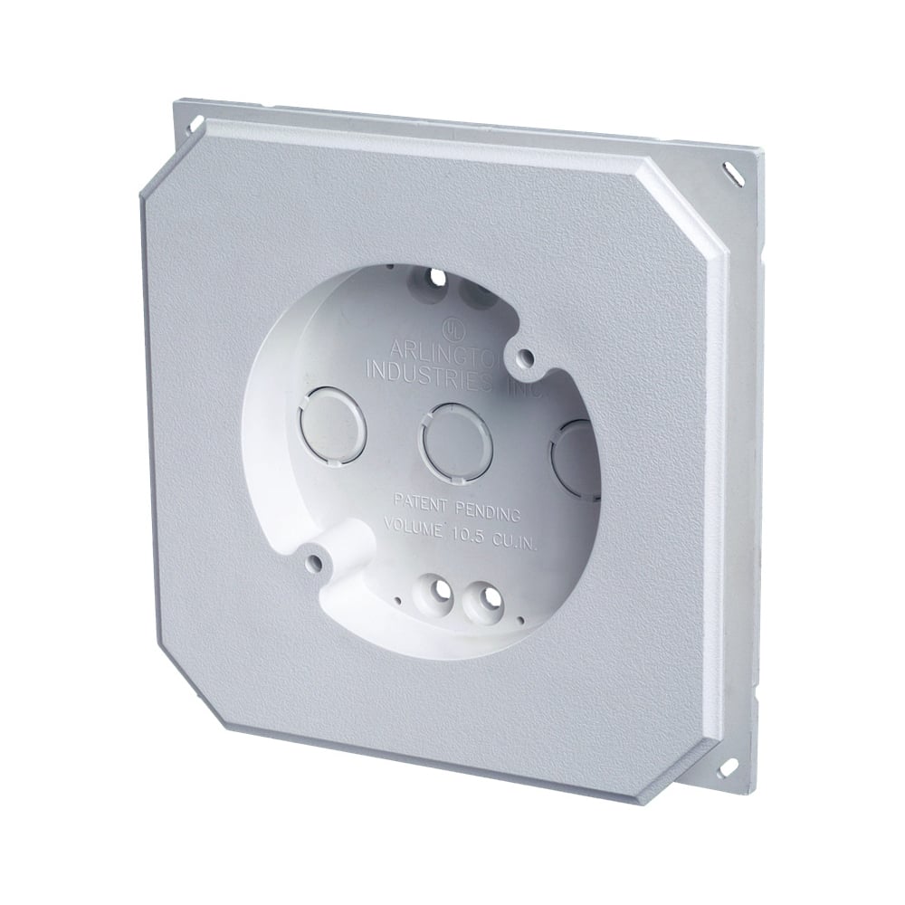Siding Mounting Block. One piece design. Built in 6.8 cubic inch box. 1" J-channel. NM cable connector Included. Textured paintable surface.