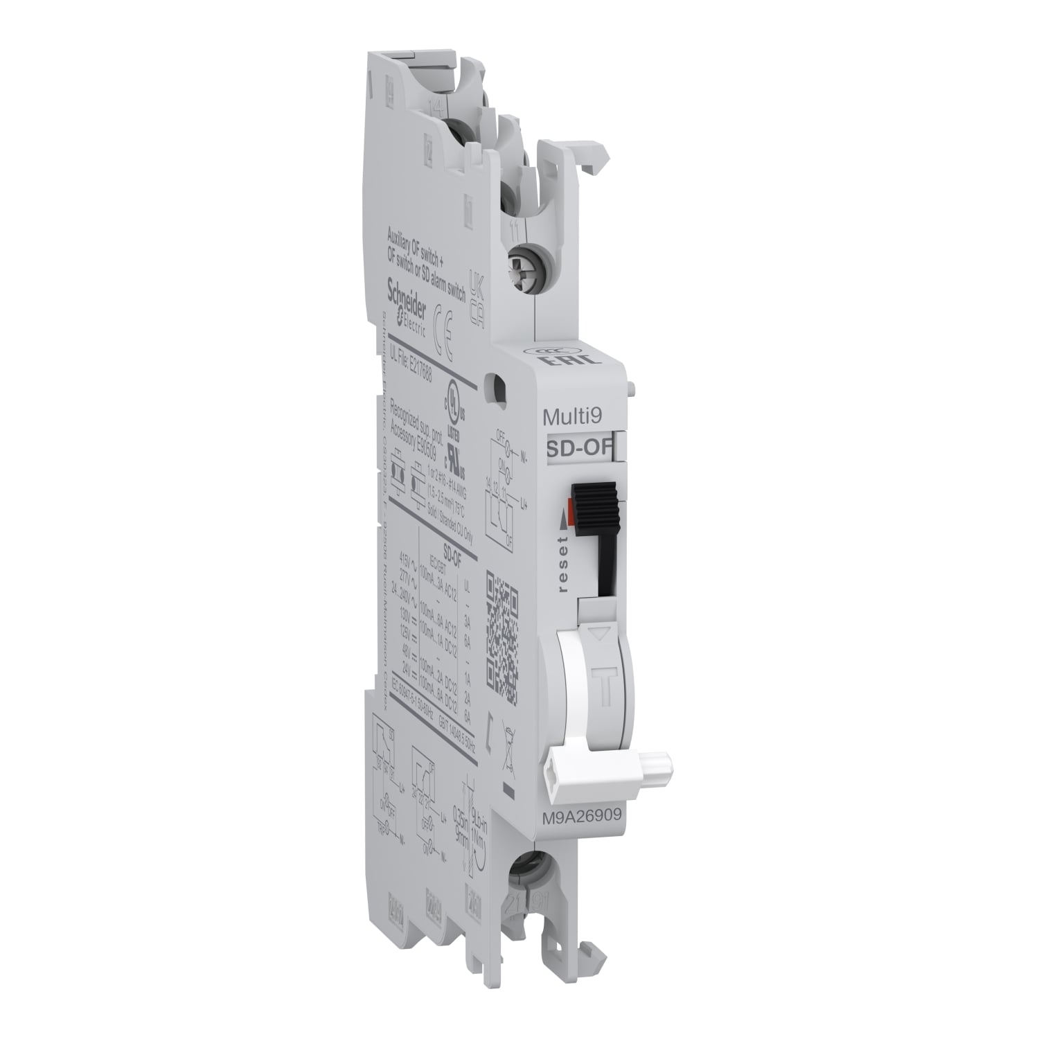 Auxiliary contact, Multi9 M9A, OF/SD+OF, 2 C/O, 100mA to 6A, 24VAC to 415VAC, 24VDC to 130VDC, top and bottom connection