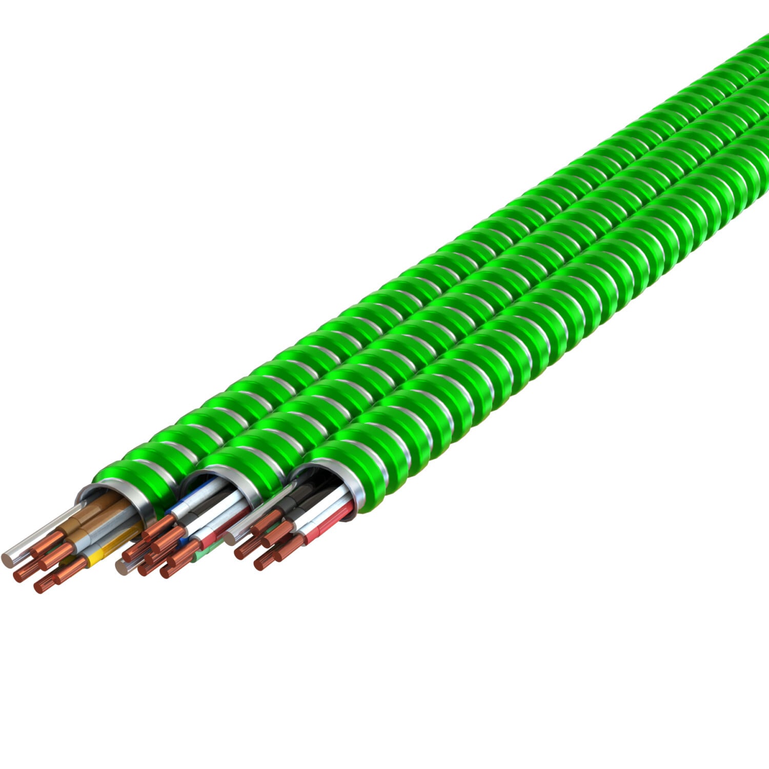 12-2/12-2/12-1 Solid Black, Red, White/black stripe, White/red stripe, Green - 10-1 Solid Aluminum Bond Wire - MC Stat Plus Lite Lime Green Interlocked Aluminum Armor - Type MCI-A - 1000' Reel