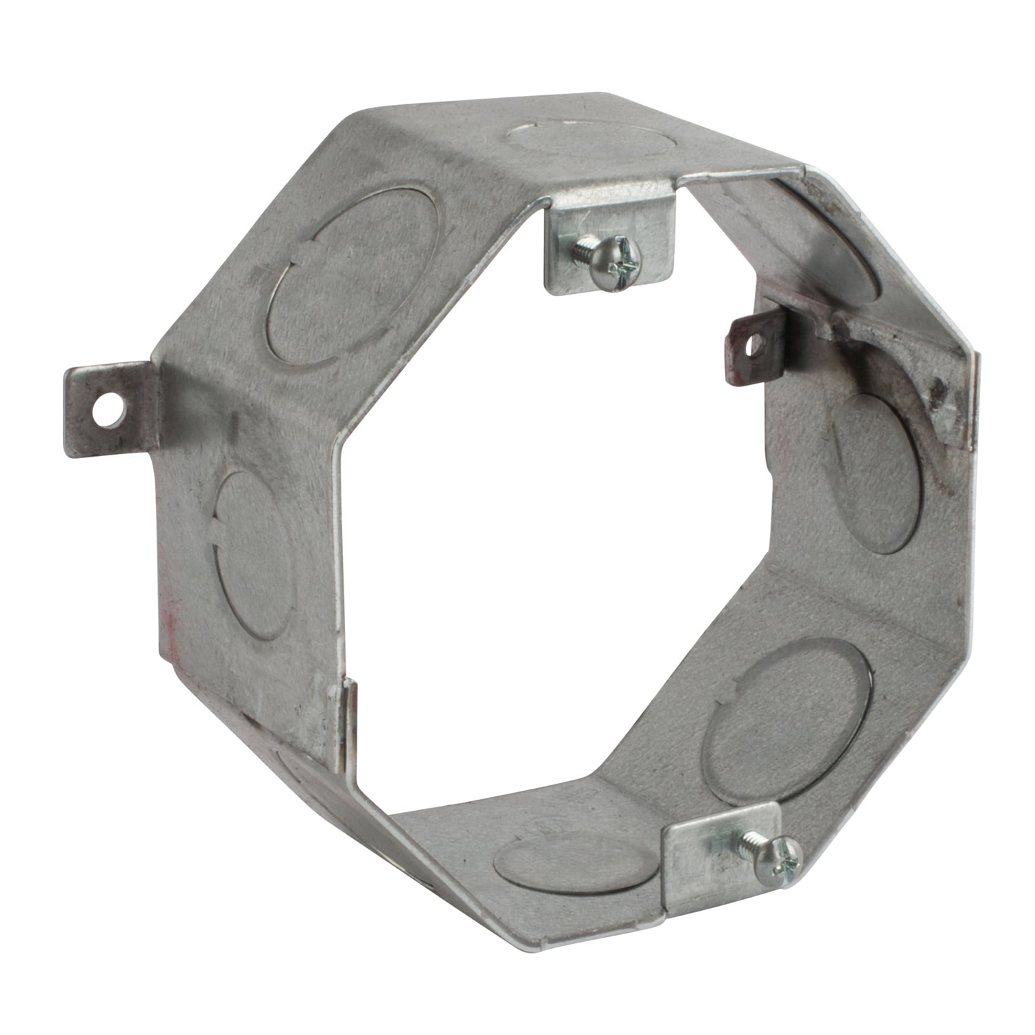 Octagon Concrete Box, 23 Cubic Inches, 4 Inch Diameter x 2 Inch Depth, 1/2 Inch and 3/4 Inch Knockouts, Pre-Galvanized Steel, Drawn Construction, For use with Conduit