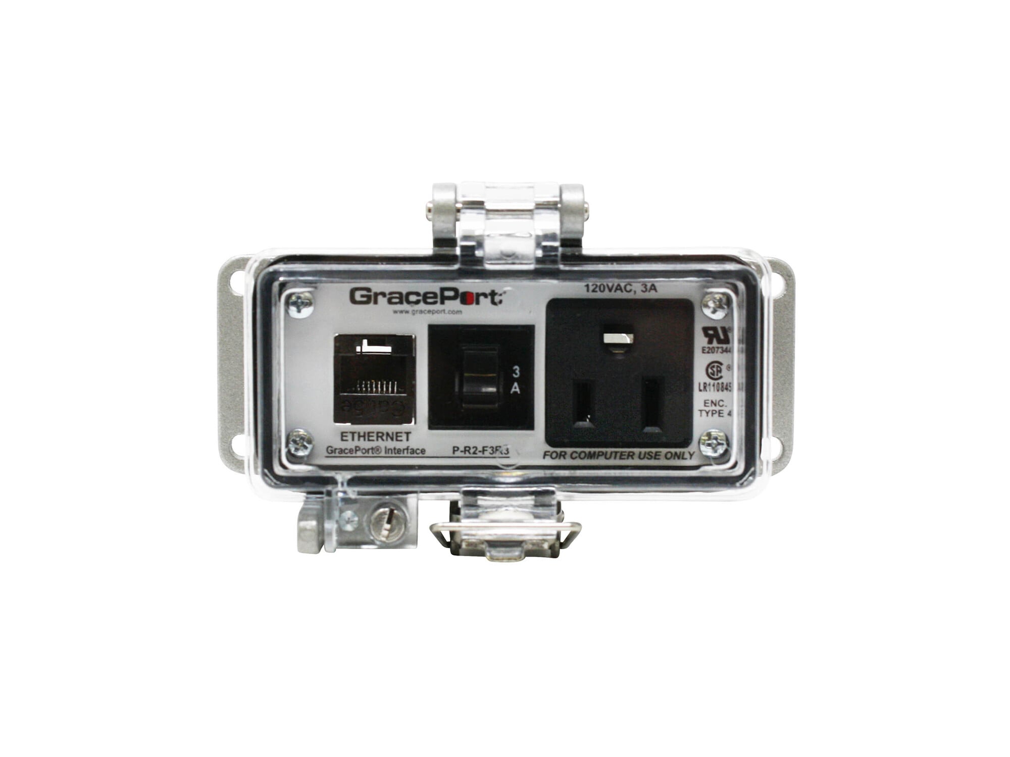 PANEL INTERFACE CONNECTOR WITH RJ45, PANEL MOUNT HOUSING, UL TYPE 4, SIMPLEX OUTLET, 3 AMP CB
