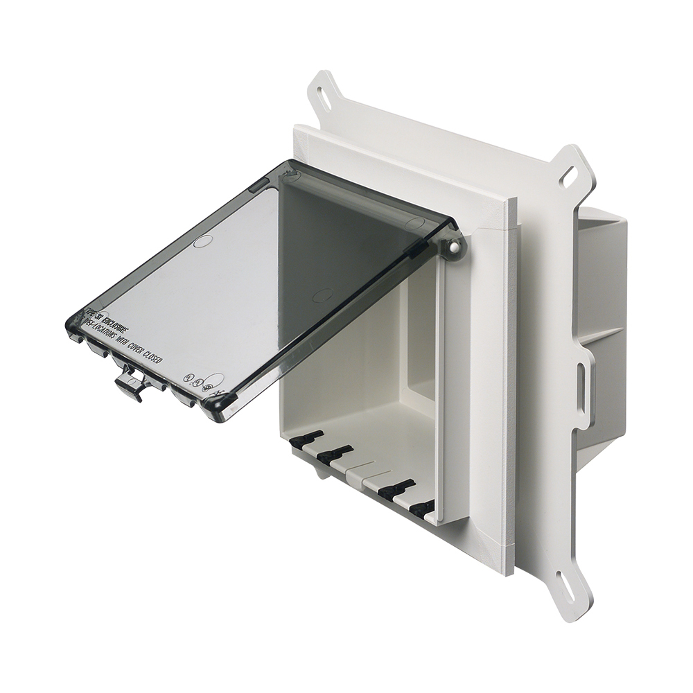 Non metallic exterior keypad enclosure with weatherproof while in use white paintable cover. New Construction for vinyl siding.