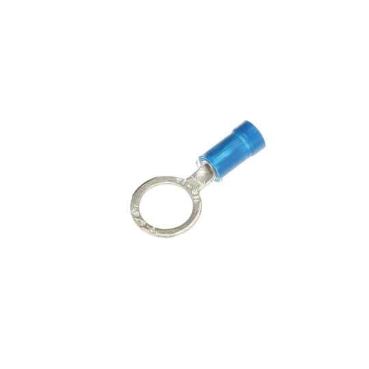 Expanded Vinyl-Insulated Ring Terminal, Length 1.16 Inches, Width .54 Inches, Maximum Insulation .200, Bolt Hole 3/8 Inch, Wire Range #18-#14 AWG, Color Blue, Copper, Tin Plated
