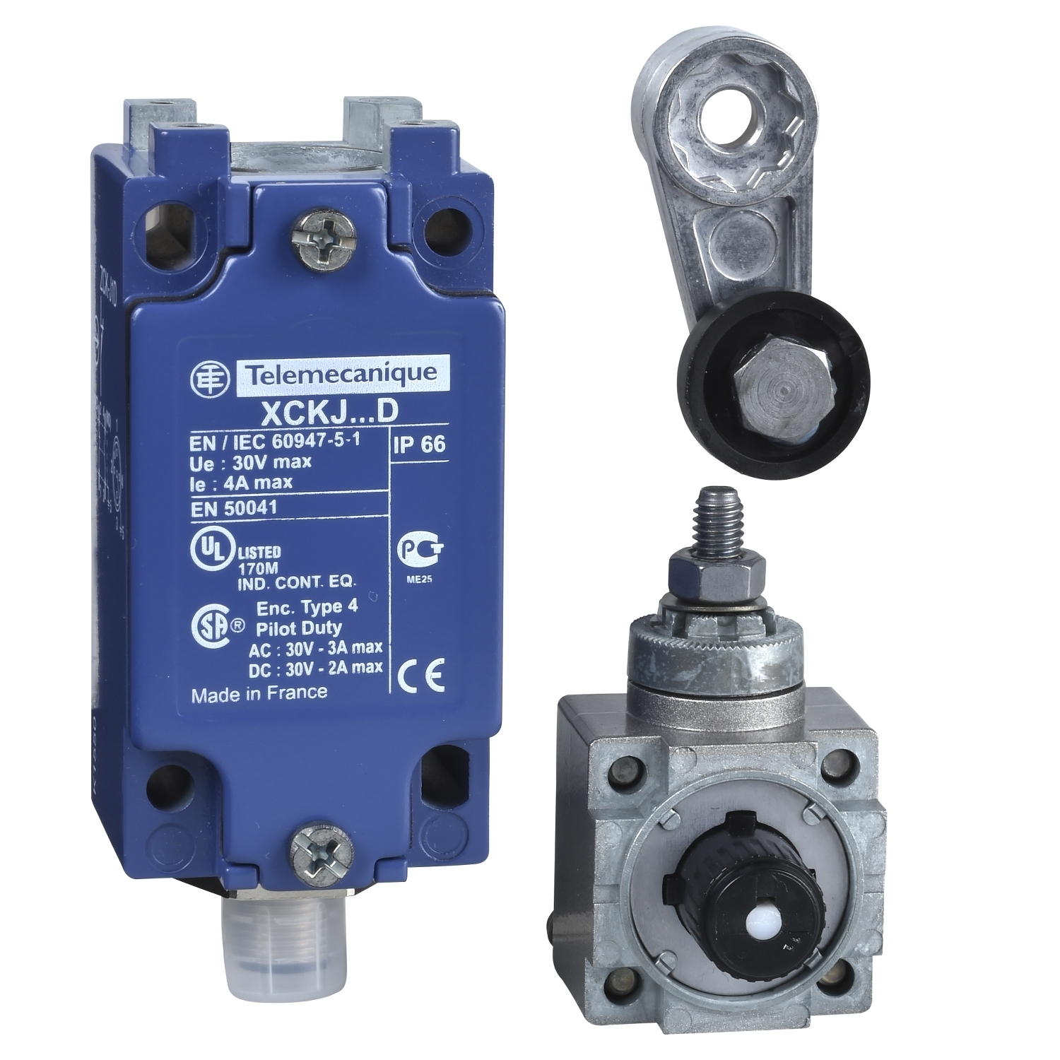 Limit switch,  XC Standard, XCKJ, thermoplastic roller lever, 1NC+1 NO, snap action, M12