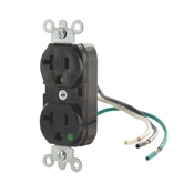 20 Amp, 125 Volt, NEMA 5-20R, 2P, 3W, Slim Body Duplex Receptacle, Straight Blade, Hospital Grade, Grounding, , Pigtail Leads 6 Inch Wired, Steel Strap, - Gray