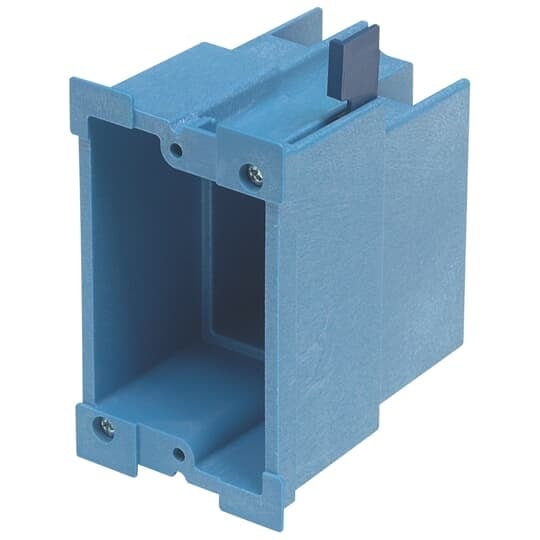 One-Gang Old Work Outlet Box, Volume 18 Cubic Inches, Length 4.30 Inches, Width 2.56 Inches, Depth 3.64 Inches, Color Blue, Material PVC, Mounting Means Mounting Ears and Swing Clamps