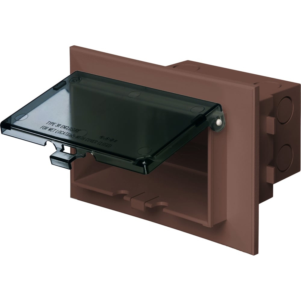 Low profile inbox for new brick construction. Recessed electrical box with weather proof in use cover. Horizontal. Brown with clear cover.