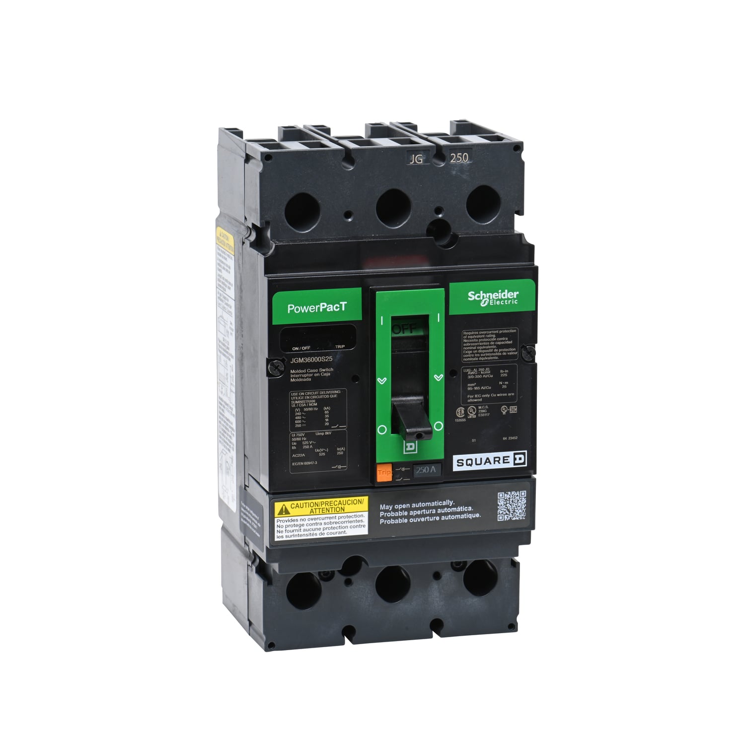 Automatic switch, PowerPacT J, 225A, 3 pole, 600VAC, 18kA, lugs, magnetic