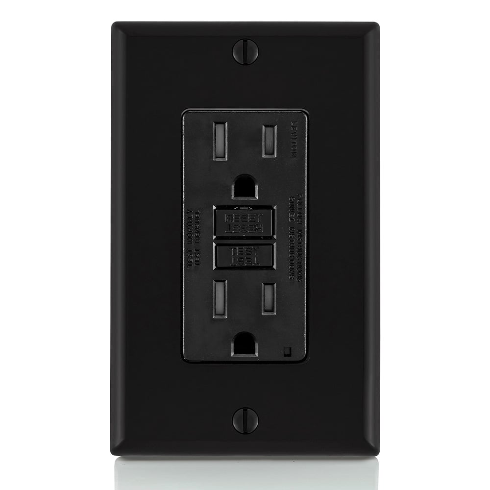 Self-Test Slim Tamper Resistant GFCI Receptacle. Nema 5-15R 15A-125V At Receptacle, 20A-125V Feed-through. Lighted - Black With Black Test And Reset Button.