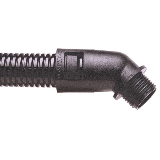 45 Degree Conduit Fitting with Locknut and Sealing Washer, Fixed External Male Thread, Nominal Conduit Size 34mm, 1 Inch NPT Thread, Polyamide (Nylon) 66, With Locknut and Sealing Washer, Black