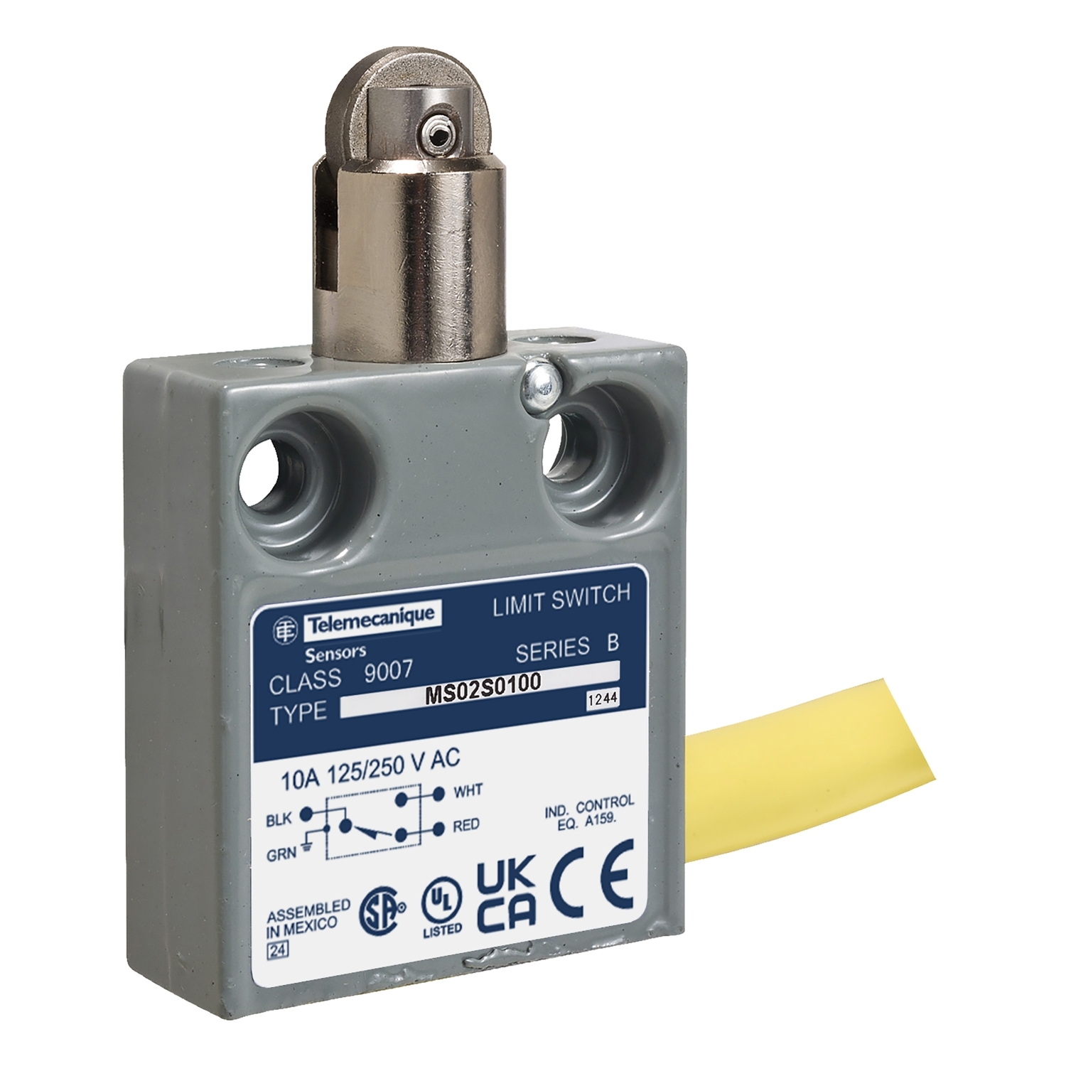 Limit switch, 9007MS, miniature, booted top plunger, 10A at 240VAC, 1NO/1NC, 18 feet of cable, side, NEMA 4, 6P, 12, 13