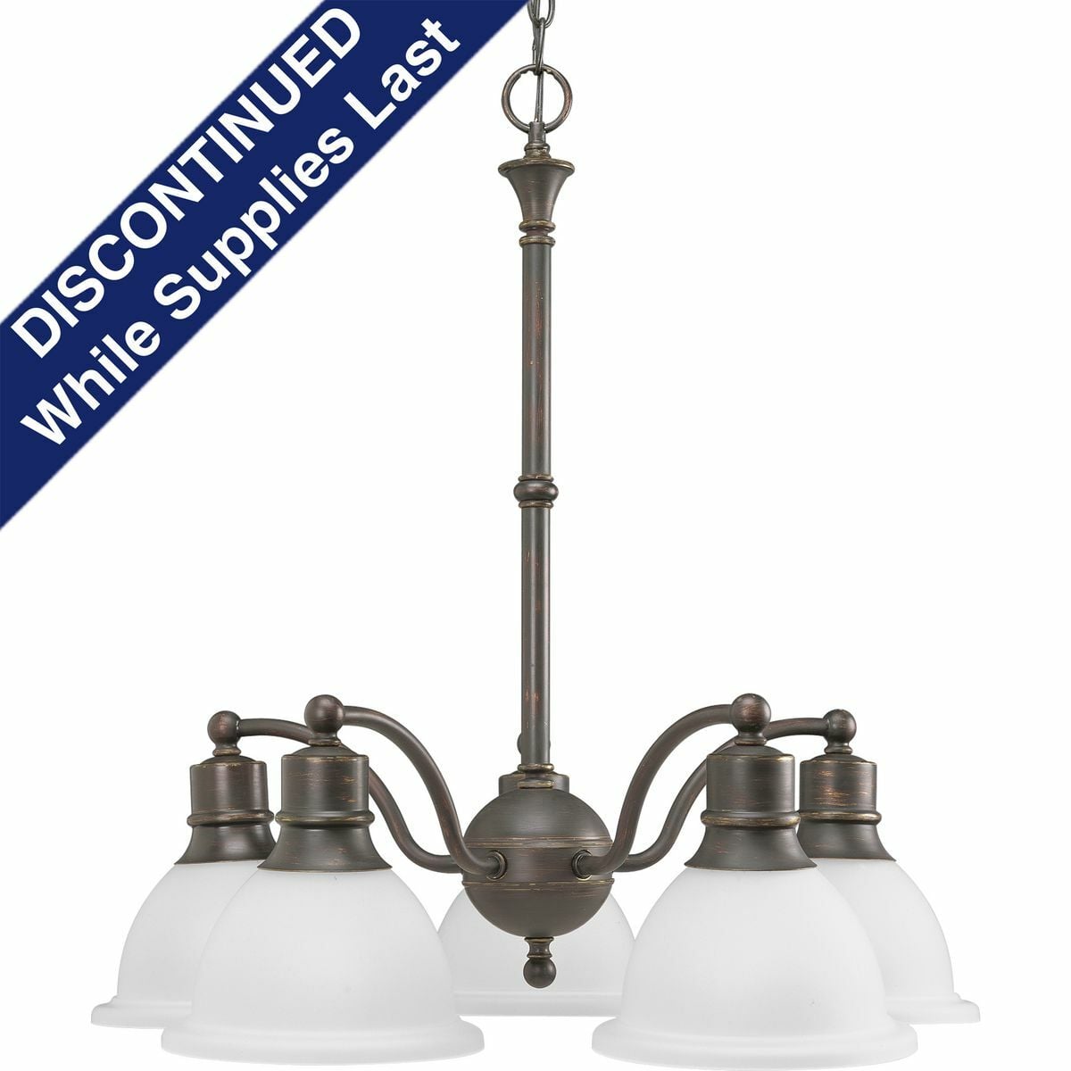 The Madison collection features etched glass with transitional elements. Simplified vintage style. Five-light reversible chandelier. Glass can be reversed to cast light up or down. Antique Bronze finish.