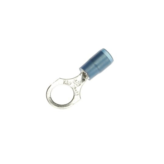 Nylon Insulated Expanded Entry Ring Terminal, Length 1.16 Inches, Width .47 Inches, Maximum Insulation .190, Bolt Hole 5/16 Inch, Wire Range #18-#14 AWG, Color Blue, Copper, Tin Plated
