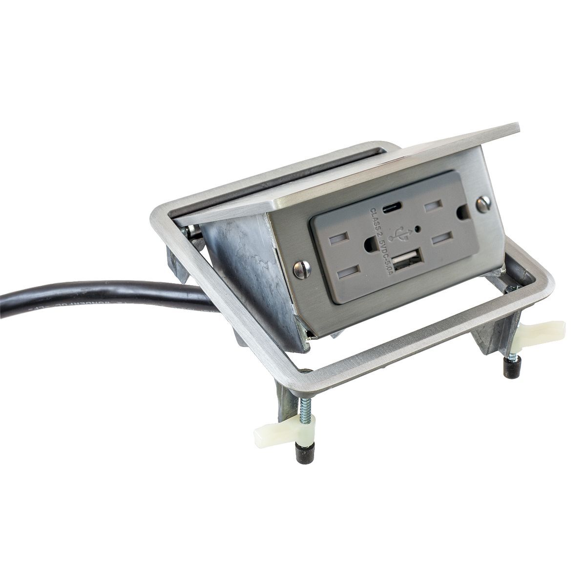 2X2 USB Work Surface Pop-Up Box, 15A, 125V USB Duplex Gray Receptacle, (1) Type  A & (1) Type-C USB Charging Ports, Brushed Aluminum Finish