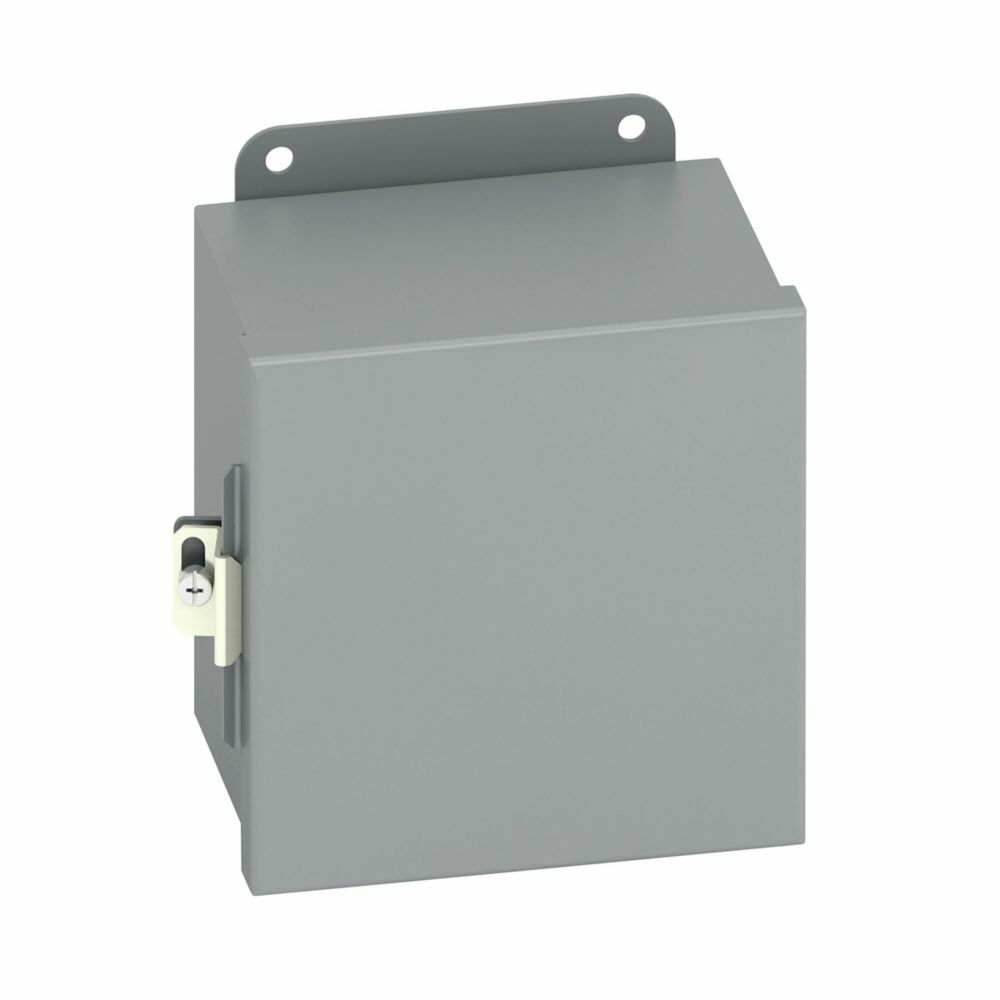 Eaton B-Line series JIC panel enclosure, 8" height, 3.5" length, 6" width, NEMA 12, Hinged cover, 12CHC enclosure, Wall mount, Small single door, External mounting feet, Carbon steel, Seamless poured in-place gasket