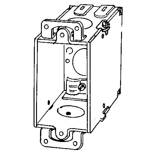 Square Corner Switch Box, 3" x 2" x 1-1/2", Gangable, Conduit Knockouts: End (2) 1/2", Bottom (1) 1/2", Nonmetallic Sheathed CL-26 Cable Clamps, Cubic Capacity:12.5CI, With Plaster Ears