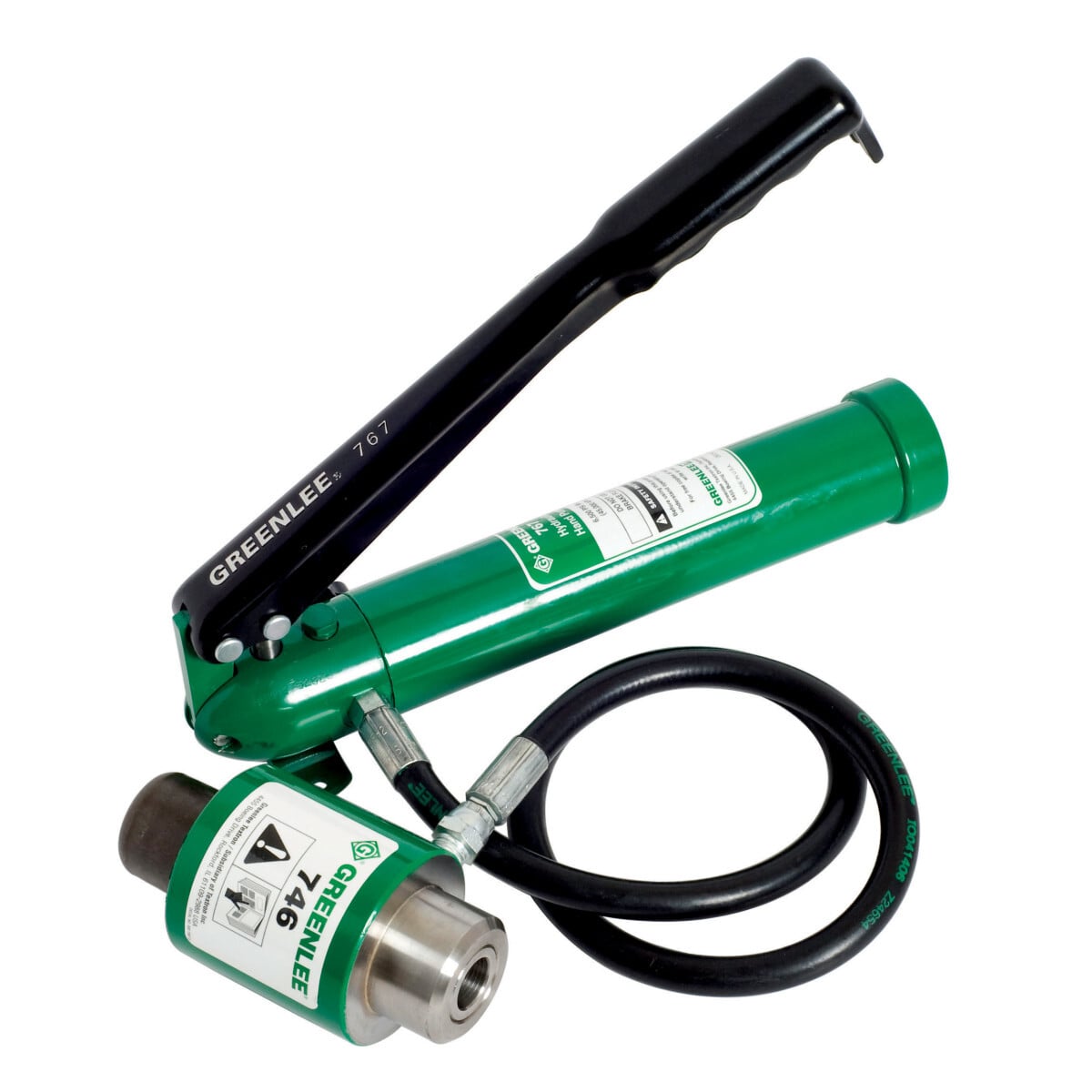 Lightweight and portable, for use with Greenlee Punch Drivers.     Versatile, operates in any position.     Single speed.     Rugged steel pump body reservoir with cast aluminum handle.     Has mounting holes for easy, permanent mounting.