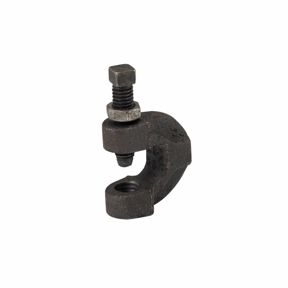 Eaton B-Line series C-clamp, 1.75"Hx1.75"Lx0.3750"W, Malleable iron, 300 load cap, 3/8"-16 rod size, 0.25"beam width, w/locknut