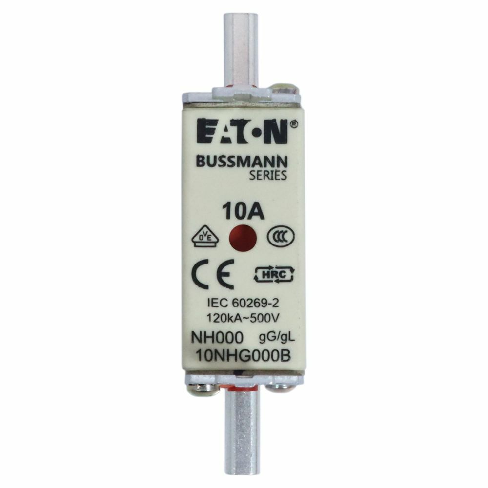 Eaton Bussmann series low voltage NH Fuse, Live gripping lug, 500V, 10A, 120 kAIC, Combination fuse status indicator, fuse, Blade end connection, Class C gL/gG, square-body with knife blade contact, Ceramic body