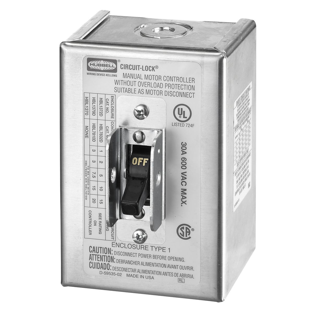 Switches and Lighting Controls, Industrial Grade, Toggle Switches, Motor Disconnects, Three Pole, 30A 600V AC