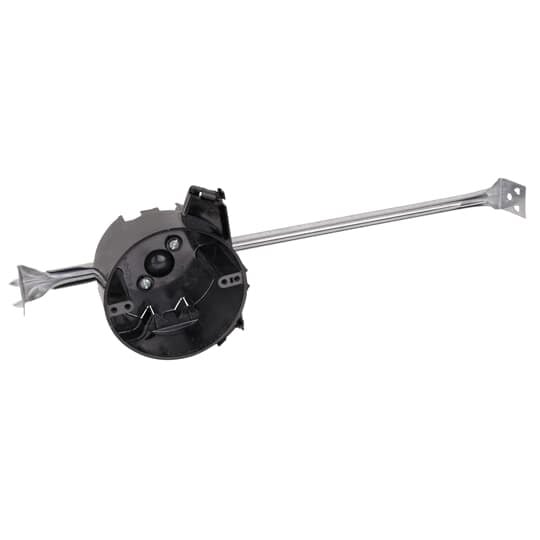 Round Ceiling Box, Volume 22.5 Cubic Inches, Diameter 4 Inches, Depth 2-1/2 Inches, Color Black, Material Polycarbonate, Mounting Means 16 Inch Bar Hanger 12-1/4 Inch Minimum to 19 Inch Maximum, with V Clamp, with Molded Fast Clamp