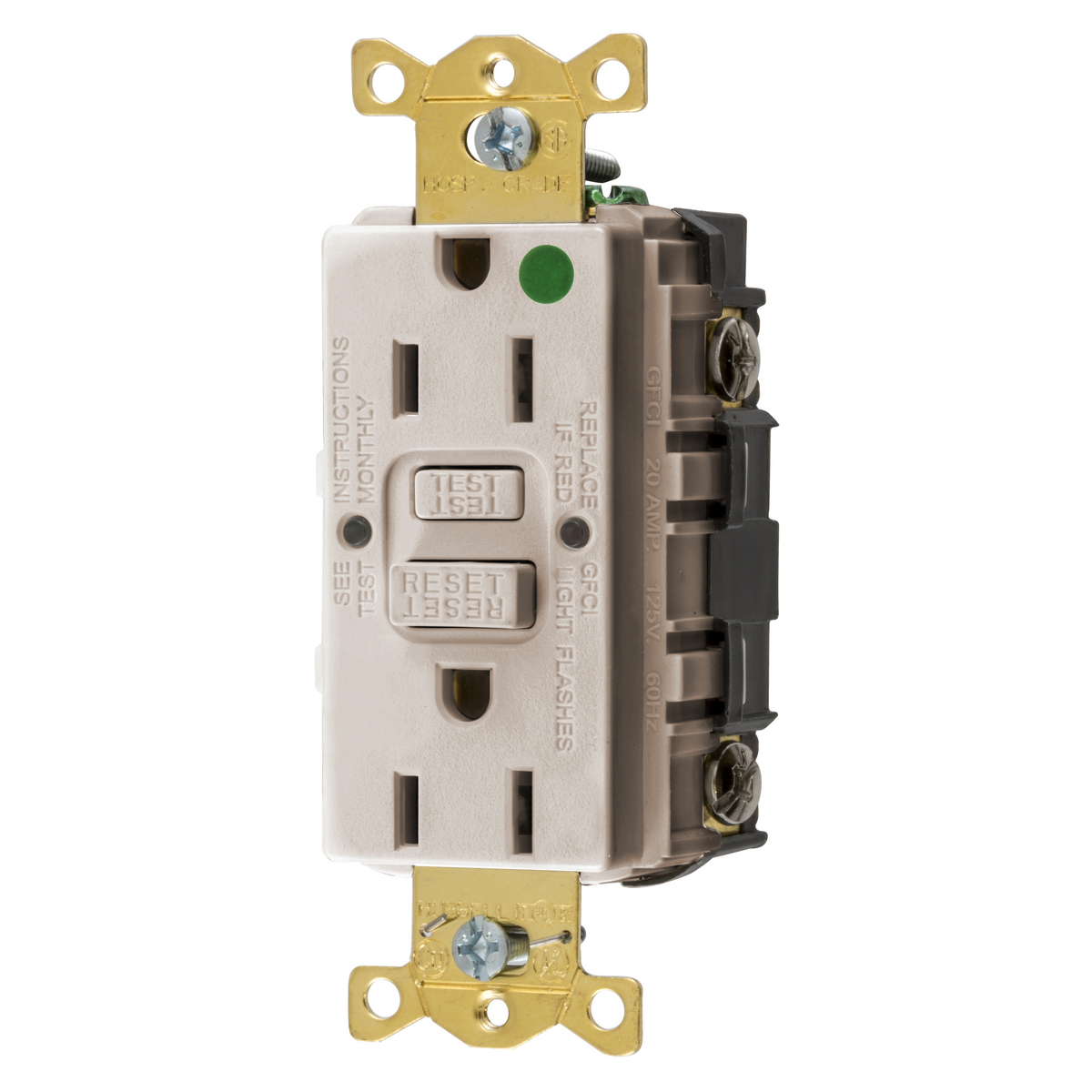 Straight Blade Devices, Receptacle, GFCI, Commercial Hospital Grade, Self Test, 15A 125V, 2-Pole 3-Wire Grounding, 5-15R, Light Almond