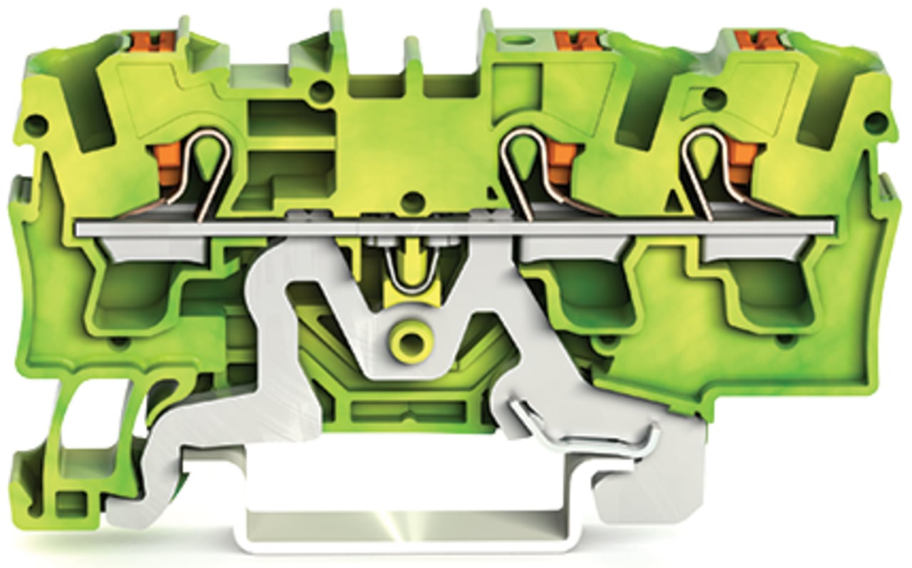 3-conductor ground terminal block; with push-button; 4 mm; with test port; side and center marking; for DIN-rail 35 x 15 and 35 x 7.5; Push-in CAGE CLAMP; 4,00 mm; green-yellow