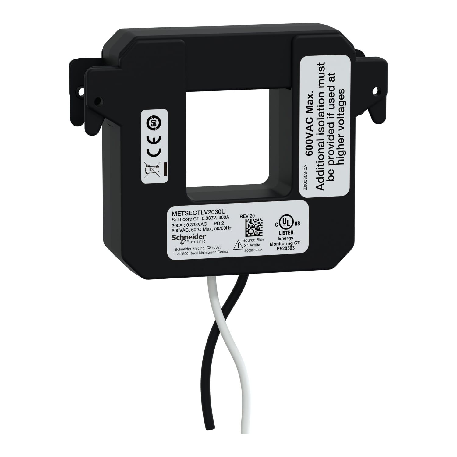 split core current transformer, PowerLogic UL2808 CT, 300A, 0.333V output, 8ft lead