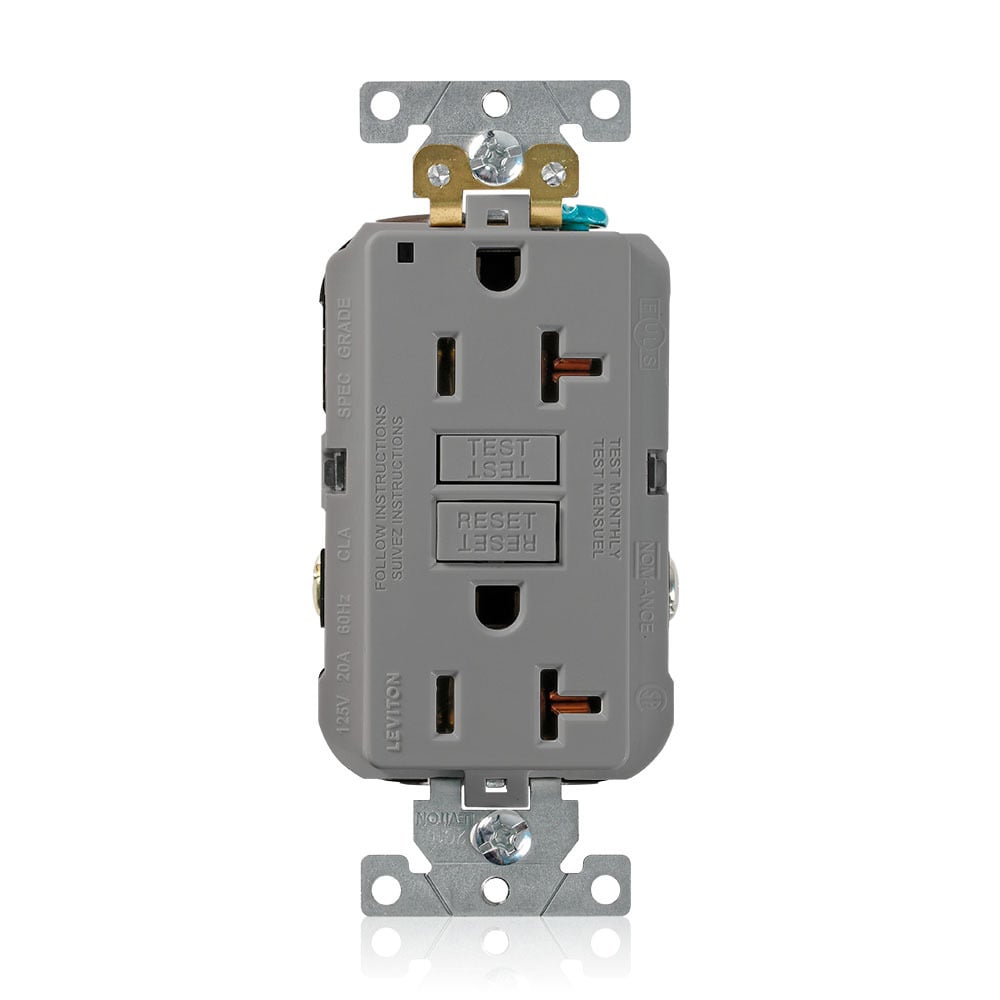SmartlockPro Self-Test GFCI Duplex Receptacle Outlet, Extra Heavy-Duty Industrial Specification Grade, 20 Amp125 Volt, Back or Side Wire, NEMA 5-20R, 2-Pole, 3-Wire, Self-Grounding - Gray