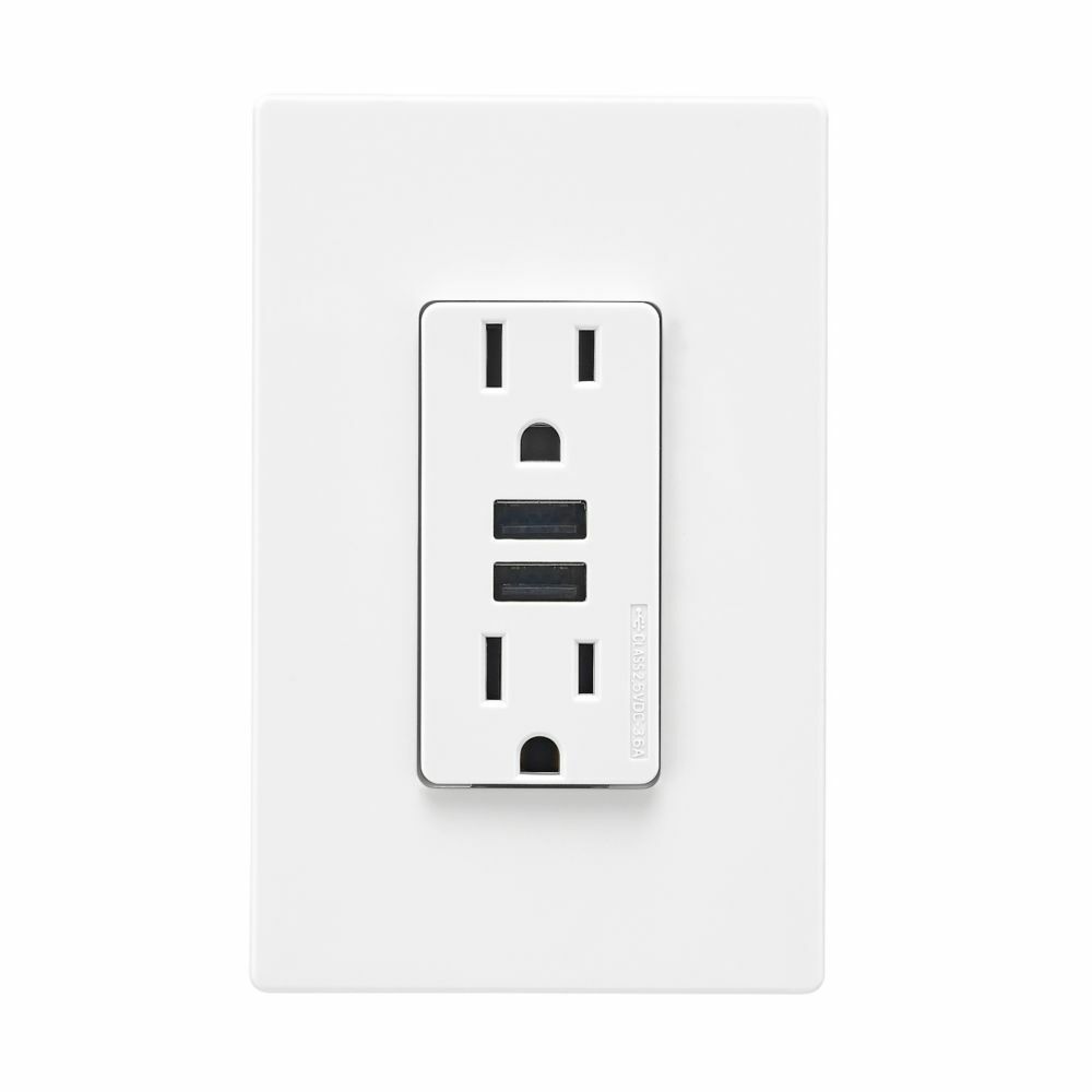 Eaton combination 3.6A USB charger with duplex receptacle, 15A, 125V, W - TR7765W-BOX