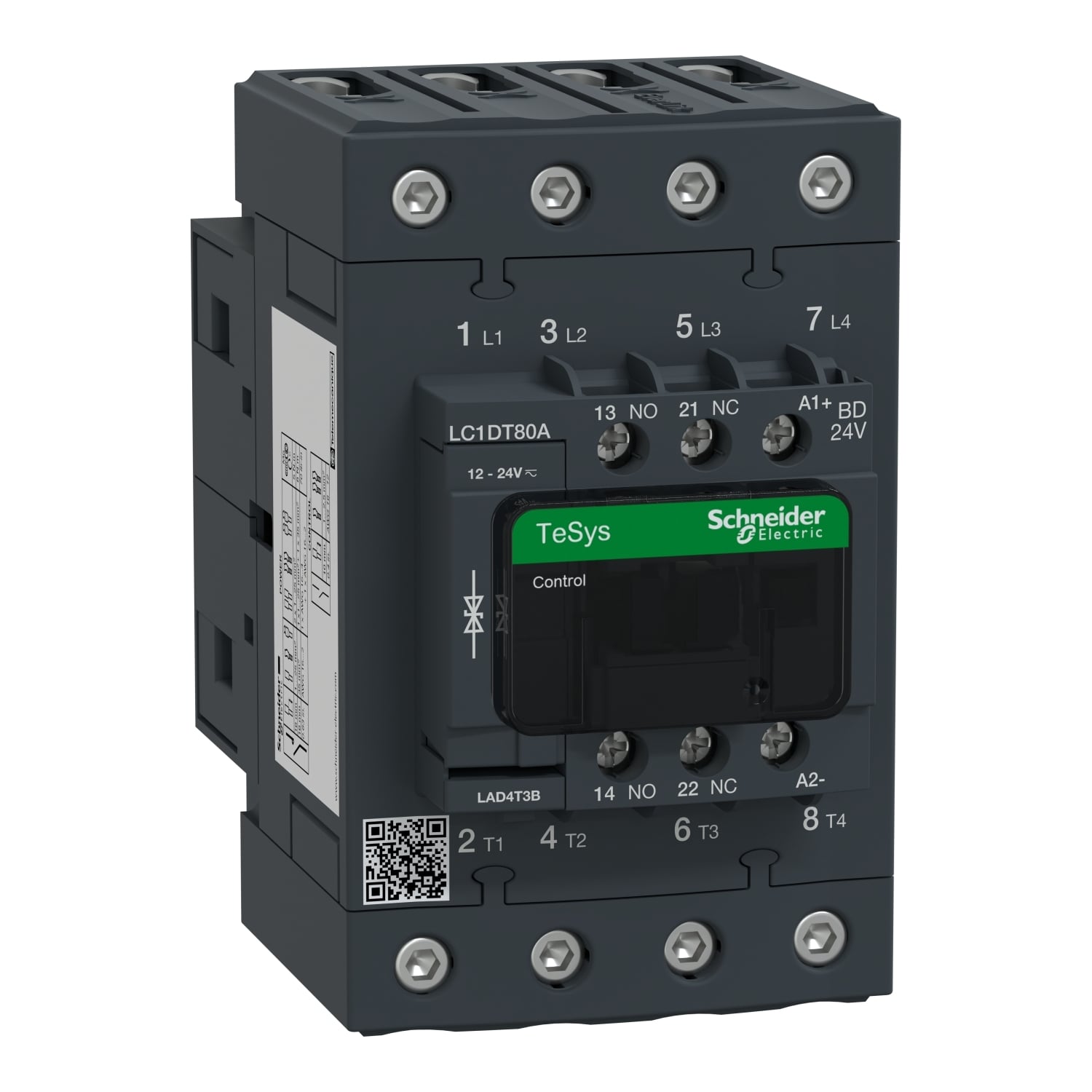 IEC contactor, TeSys Deca, nonreversing, 80A resistive, 4 pole, 4 NO, 24VDC coil, open style